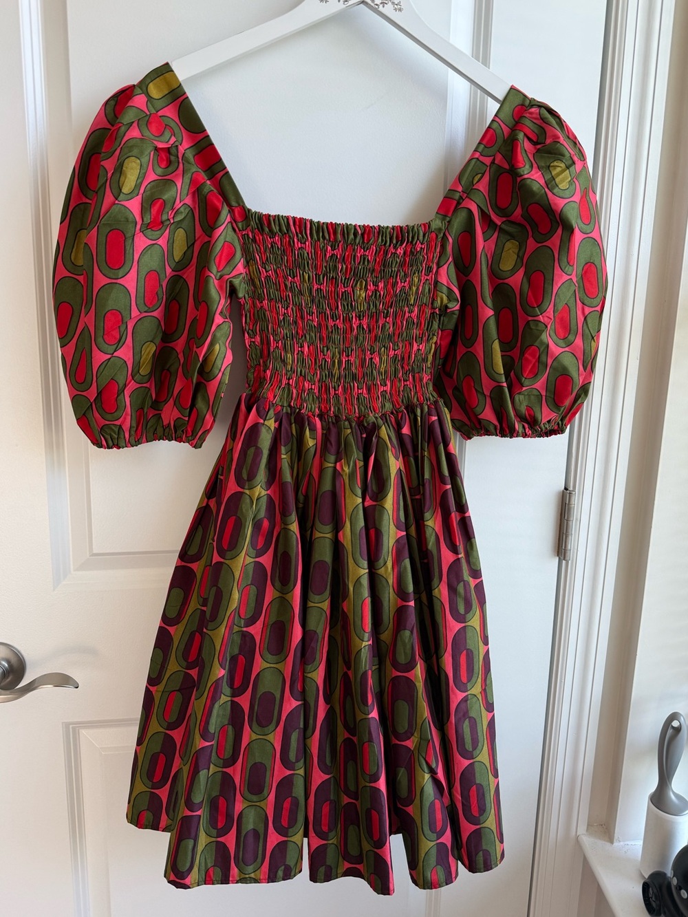 Elisamama Geometric Puff Sleeve Dress Multicolor Smocked Bohemian Medium NWT